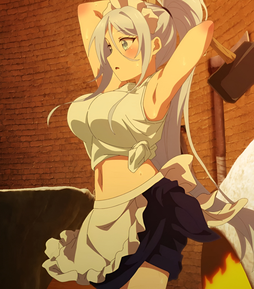 1girl armpits big_breasts blush breasts edit navel screencap sweat sweatdrop sylpha tensei_shitara_dai_nana_ouji_dattanode,_kimamani_majutsu_o_kiwamemasu