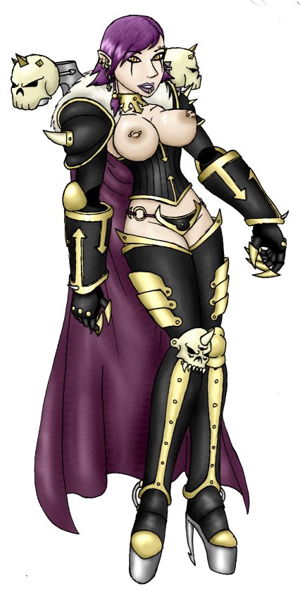adepta_sororitas armor armored_arm armored_boots armored_female armored_gloves big_breasts bottomless cape choker corset elf_ears heeled_boots heeled_shoes high_heels long_ears nipple_piercing nipples panties purple_hair short_hair sister_of_battle skulls slaanesh_(cult) sledge_(artist) topless warhammer warhammer_(franchise) warhammer_40k yellow_eyes