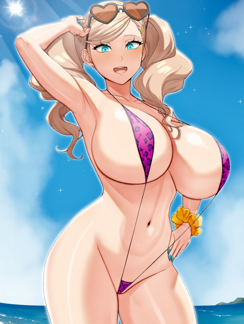 1girl 1girl alluring ann_takamaki armpit atlus beach big_breasts bikini blonde_hair blue_eyes blush breasts caucasian curvy hand_on_hip handplug huge_breasts legs mostly_nude navel non-nude open_mouth outside persona persona_5 posing scrunchie sexy sling_bikini slut standing stomach sunglasses_on_head thick_thighs toned turquoise_nails twin_tails wide_hips
