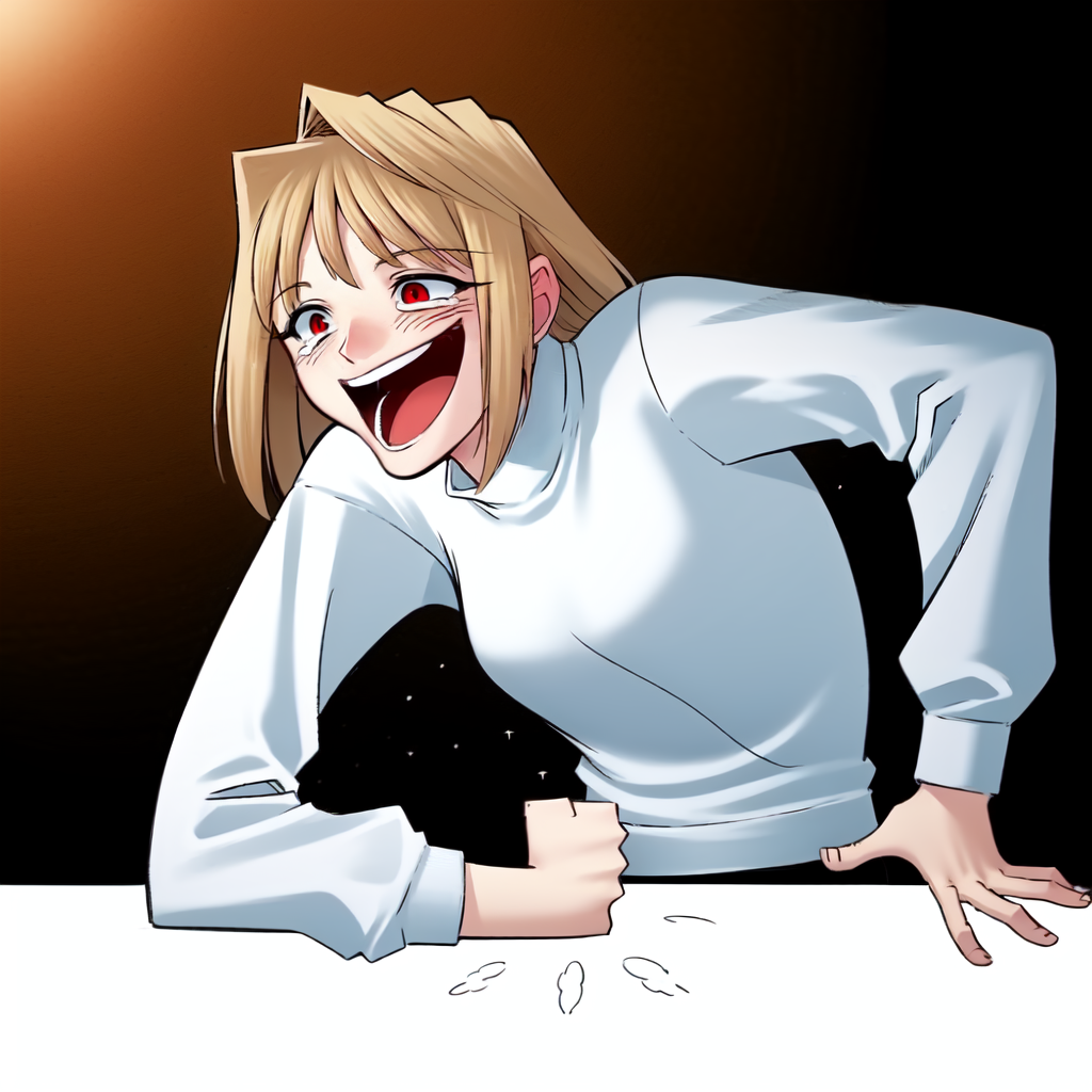 1girl ai_generated arcueid_brunestud blonde blonde_female blonde_hair female_only laugh laughing meme no_sex red_eyes short_hair sweater tsukihime wheeze