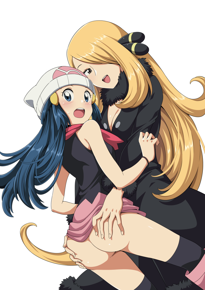 2_girls ass_grab blonde_hair blue_hair cynthia cynthia_(pokemon) dawn dawn_(pokemon) looking_back naughty_face pokemon suitenan_(artist) surprised yuri