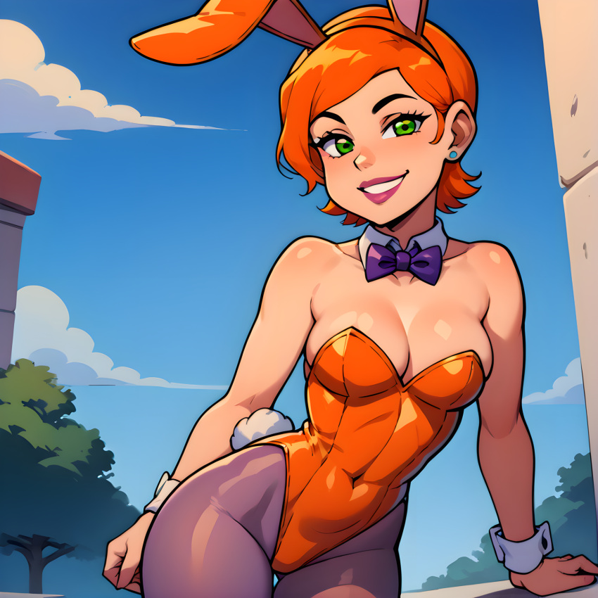 1girl 1girl 1girl ai_generated ben_10 breasts bunny_ears bunnysuit cartoon_network fake_animal_ears female_only green_eyes gwen_tennyson orange_hair playboy_bunny playboy_bunny_leotard rabbit_ears short_hair stable_diffusion thick_thighs wide_hips