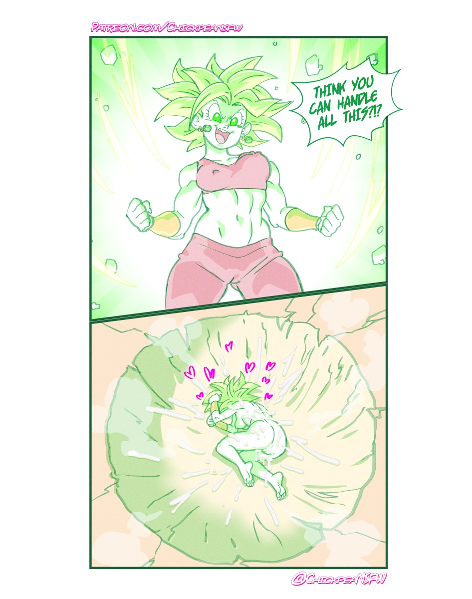1girl 1girls 2024 blue_eyes boasting breasts bukkake chickpea comic destructive_sex dialogue dragon_ball dragon_ball_super earrings green_hair heart instant_loss instant_loss_2koma kefla legendary_super_saiyan limited_palette nipples nude nude_female parody straight super_saiyan uncensored yamcha_death_pose