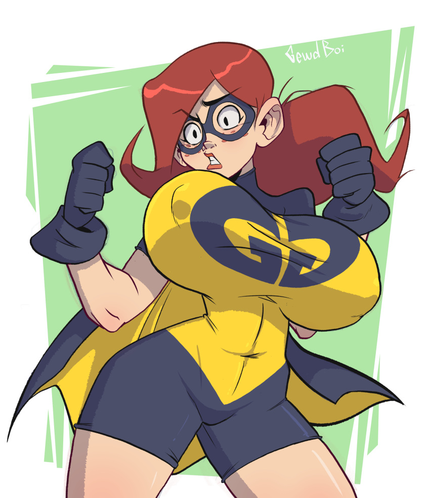 1girl audrey_page big_breasts big_breasts big_breasts black_eyes breasts breasts covered_erect_nipples erect_nipples gewd-boi gigantic_breasts huge_breasts red_hair the_developing_adventures_of_golden_girl