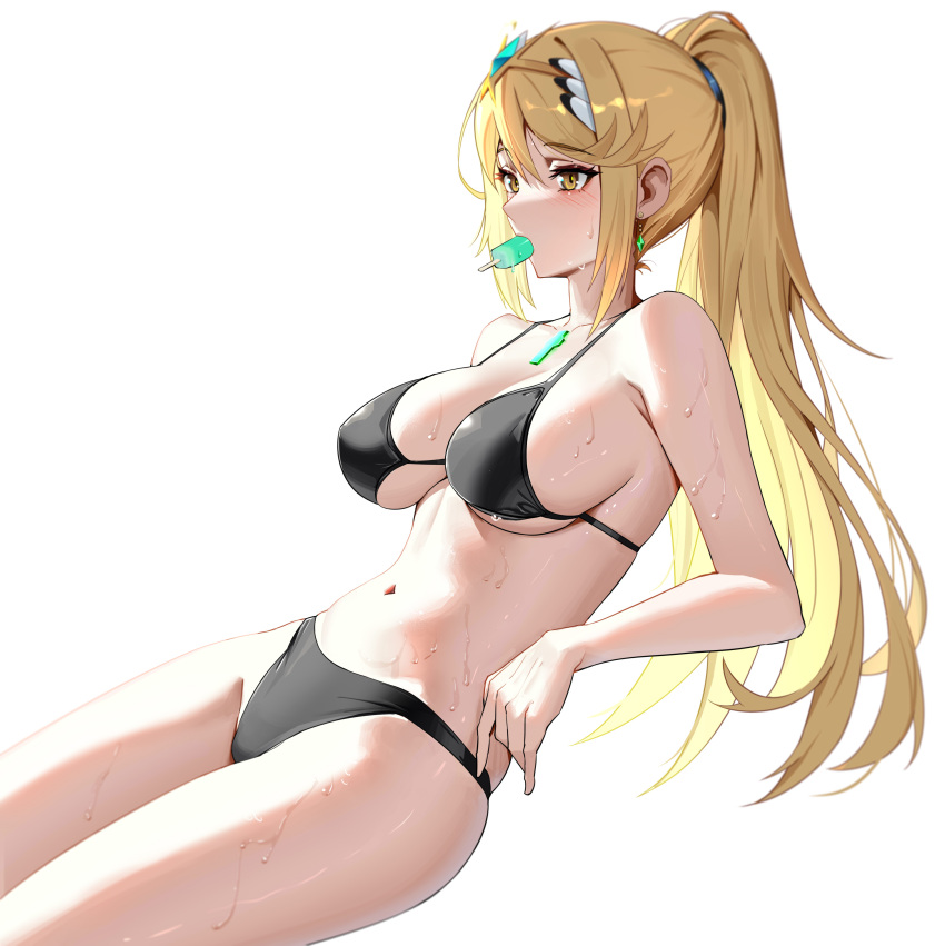 1girl alluring bare_legs besser big_breasts bikini blonde_hair cleavage mythra nintendo popsicle_in_mouth xenoblade_(series) xenoblade_chronicles_2 yellow_eyes