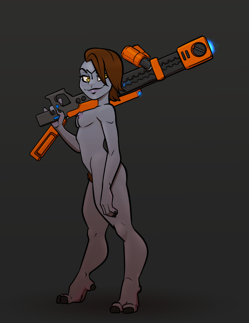 alien alien_girl alien_humanoid animal_legs brown_hair looking_at_viewer nipple_slip nipples nude nude_female pubic_hair rifle short_hair t'au tau warhammer_(franchise) warhammer_40k weapon