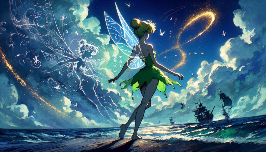 ai_generated back back_view beach blonde blonde_female blonde_hair blue_sky cloud clouds disney disney_fairies elf_ears fairy fairy_wings green_dress green_miniskirt miniskirt no_shoes ocean sea tied_hair tight_clothing tight_dress tinker_bell waves wings