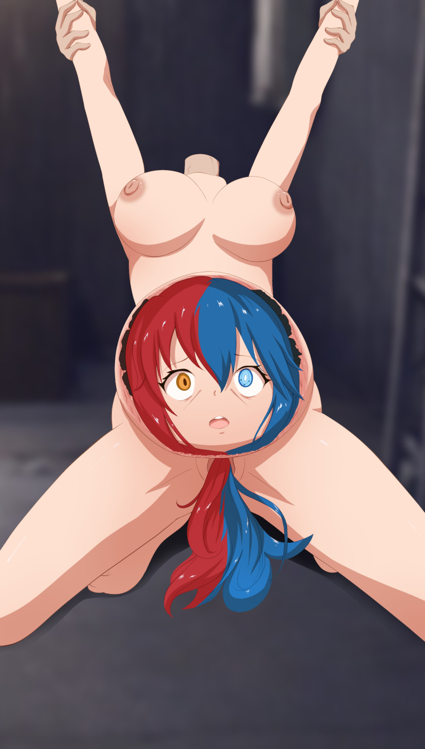 1boy 1girl arms_up ass belly_expansion big_belly big_breasts blue_eyes blue_hair breasts completely_nude death d**********n deepthroat dragon_girl fellatio forced_oral gore guro head_in_pussy headless inferna_dragnis inflation kneel lifeless necrophilia nude oral orange_eyes original penis pussy r**e red_hair wrist_grab