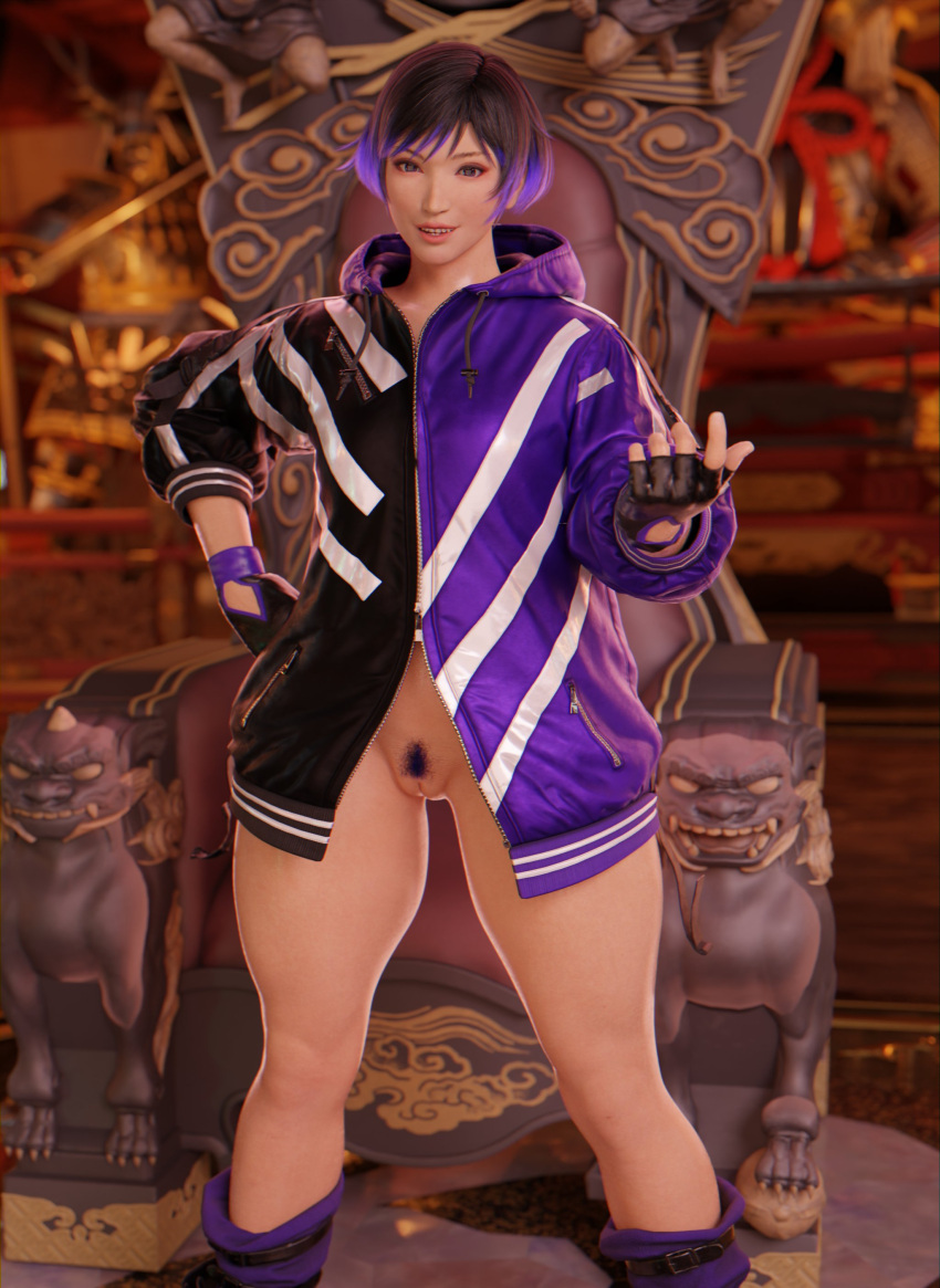 1girl 1girl 3d alluring athletic athletic_female black_and_purple_hair black_hair boots female_focus female_only fingerless_gloves hourglass_figure jacket naked_from_the_waist_down namco pubes pubic_hair purple_hair pussy pussy reina_(tekken) short_hair standing tagme tekken tekken_8 tomboy trimmed_pubic_hair two_tone_hair vensaku wide_hips