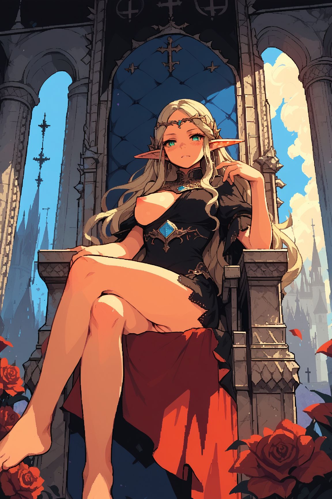 ai_generated blonde blonde_female blonde_hair blue_eyes breasts_out_of_clothes breasts_outside crossed_legs elf elf_ears elf_female exposed_pussy long_ears long_hair looking_down pussy