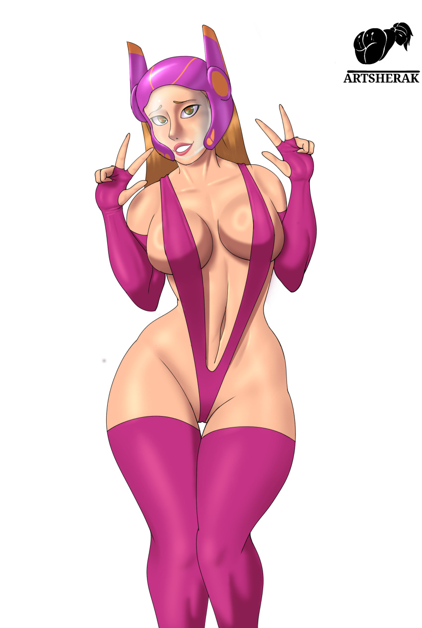 1girl 1girl alluring big_breasts big_hero_6 blonde_hair disney gloves green_eyes heart-shaped_pupils helmet herak honey_lemon huge_ass looking_at_viewer sling_bikini solo_female stockings thick_thighs wide_hips