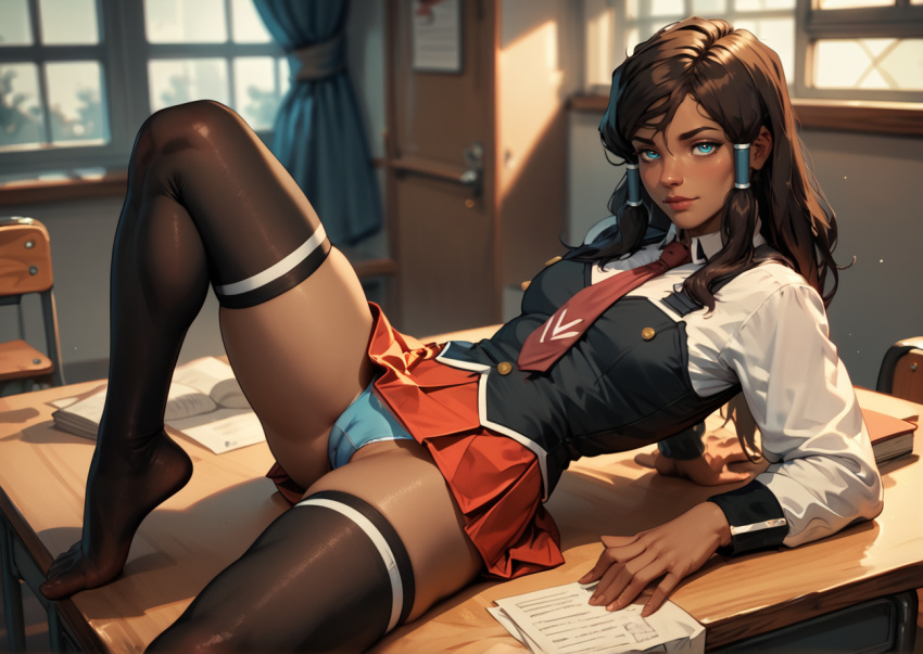 ai_generated blue_eyes blue_panties korra long_sleeves looking_at_viewer miniskirt red_miniskirt schoolgirl schoolgirl_uniform stockings the_last_airbender:_the_legend_of_korra tie twin_tails vest