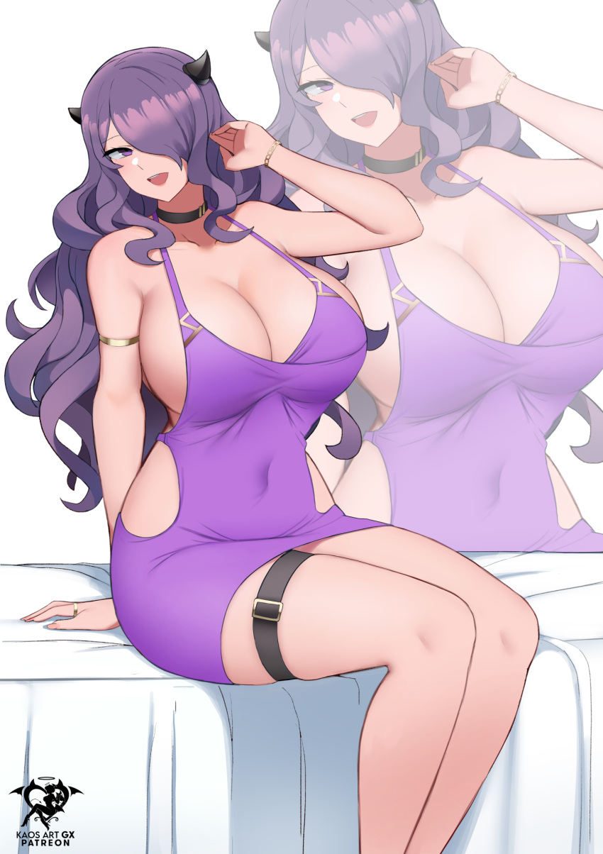 1girl 1girl 1girl alluring alternate_costume bare_shoulders big_breasts camilla_(fire_emblem) cleavage dress female_only fire_emblem fire_emblem_fates hair_over_one_eye high_res kaos_art long_hair looking_at_viewer nintendo open_mouth purple_dress purple_eyes purple_hair smile thigh_strap tiara very_long_hair wavy_hair