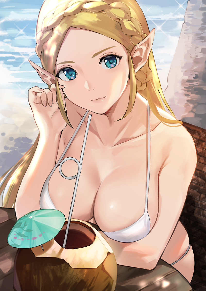 1girl 1girl adjusting_hair alluring bare_shoulders beach big_breasts bikini blonde_hair blue_eyes blush braid cleavage closed_mouth cocktail_umbrella coconut collarbone commentary crown_braid day drinking_straw forehead hand_up high_res j@ck long_hair looking_at_viewer nintendo ocean outside pointy_ears princess_zelda sitting skindentation smile swimsuit the_legend_of_zelda the_legend_of_zelda:_tears_of_the_kingdom upper_body water white_bikini