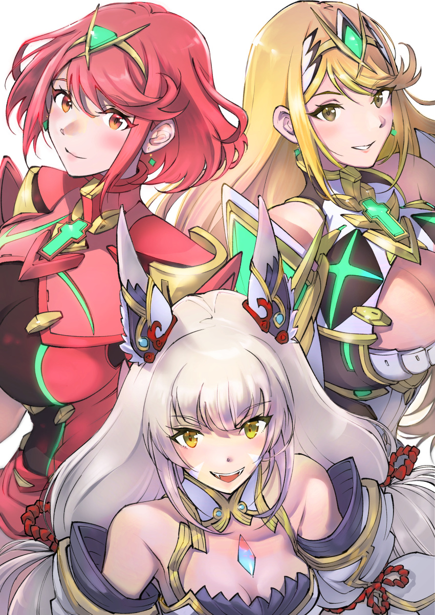 3_girls absurd_res animal_ears big_breasts blonde_hair chest_jewel cleavage cleavage_cutout clothing_cutout facial_mark high_res long_hair low_twintails mythra nia nia_(blade)_(xenoblade) pyra red_eyes red_hair short_hair small_breasts swept_bangs twin_tails ug333333 very_long_hair xenoblade_(series) xenoblade_chronicles_2 yellow_eyes