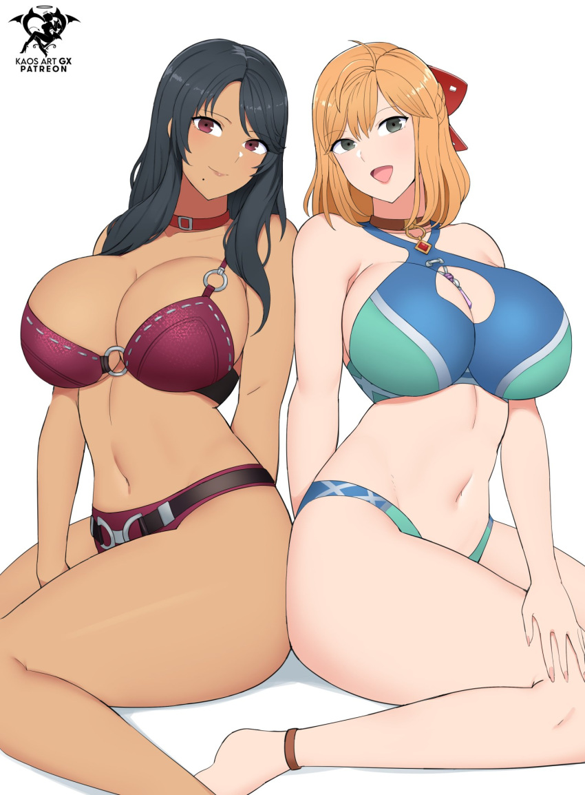 1girl 2_girls absurd_res alluring alternate_costume bare_shoulders big_breasts big_breasts bikini black_hair blonde_hair blue_bikini blue_swimsuit choker cleavage curvy dark-skinned_female female_only fiora_(xenoblade) green_eyes high_res kaos_art light-skinned_female long_hair looking_at_viewer midriff monolith_soft navel nintendo official_alternate_costume pink_bikini pink_swimsuit red_eyes sharla_(xenoblade) sitting slim_waist swimsuit thick_thighs thighs voluptuous wide_hips xenoblade_(series) xenoblade_chronicles