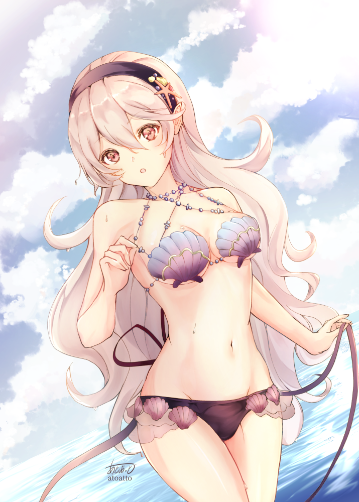 1girl :o artist_name atoatto bare_arms bare_shoulders bikini bikini_bottom_only black_bikini black_hairband blush cleavage cloud cloudy_sky collarbone commentary_request corrin_(fire_emblem) corrin_(fire_emblem)_(female) cowboy_shot day fire_emblem fire_emblem_cipher fire_emblem_fates hair_between_eyes hair_ornament hairband holding long_hair looking_at_viewer medium_breasts navel nintendo ocean open_mouth outside pointy_ears red_eyes seashell see-through shell shell_bikini simple_background sky smile stomach swimsuit very_long_hair water white_hair