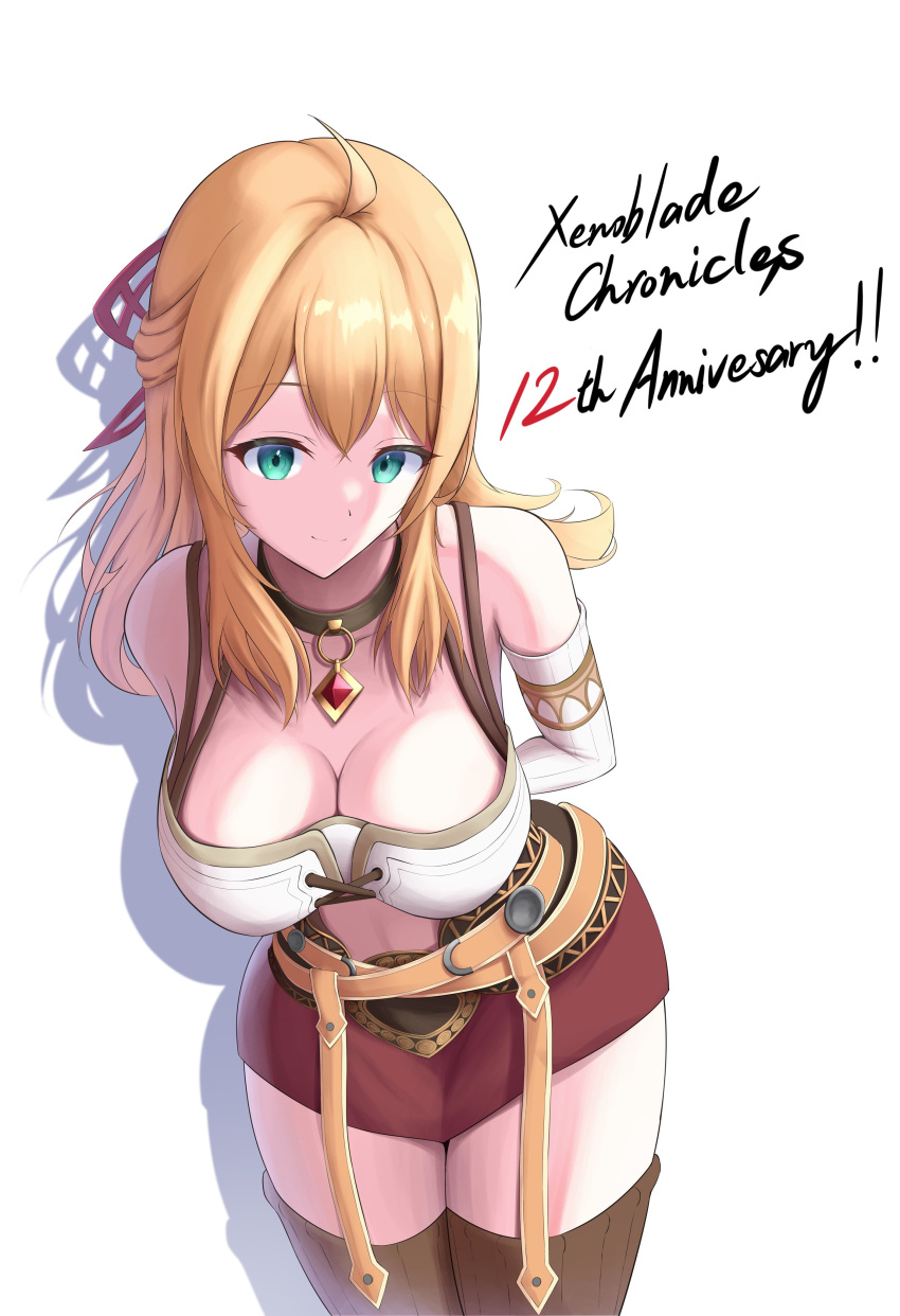 1girl 1girl absurd_res alluring big_breasts blonde_hair cleavage detached_sleeves fiora_(xenoblade) green_eyes high_res long_hair midriff miniskirt nintendo okazu2010015 simple_background skirt stockings white_background xenoblade_(series) xenoblade_chronicles_1