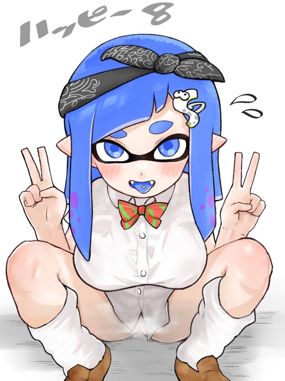 1girl 1girls amboomoon bangs blue_eyes blue_hair blunt_bangs blush bottomless bow breasts hairclip inkling inkling_girl long_hair school_uniform solo solo_female solo_focus splatoon splatoon_(series) spread_legs tentacle tentacle_hair tongue tongue_out