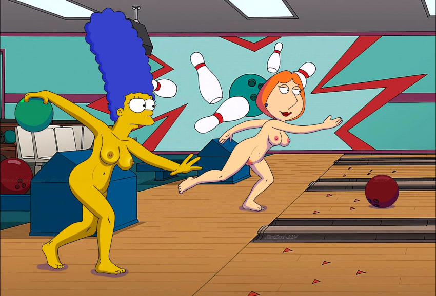 ass blackzacek bowling bowling_alley breasts crossover erect_nipples family_guy lois_griffin marge_simpson nude pubic_hair pussy the_simpsons thighs
