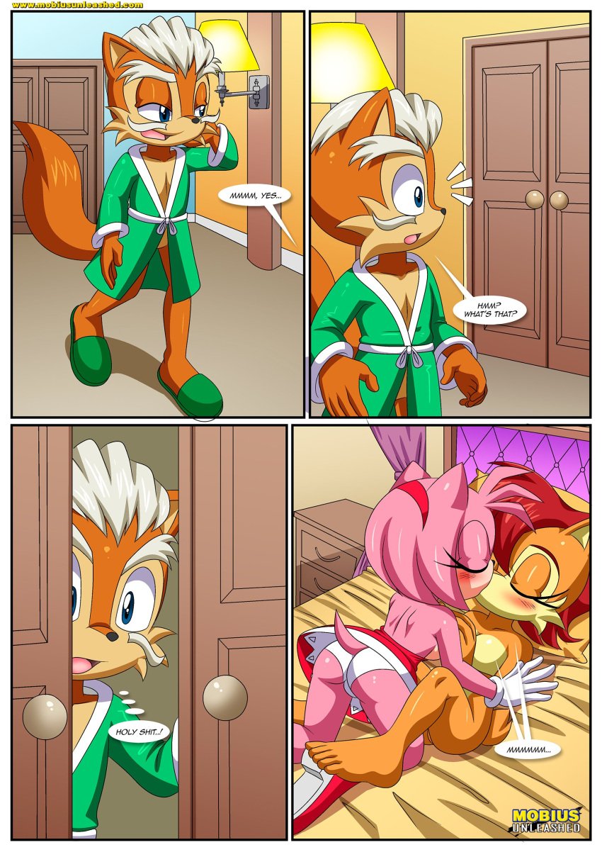 1boy 1girl 2_girls amy_rose anthro ass barefoot bbmbbf blush breasts comic father_&_daughter female/female kissing male maximillian_acorn mobius_unleashed nude palcomix sally_acorn sega sega sonic_the_hedgehog_(series) who_is_your_daddy_(comic)