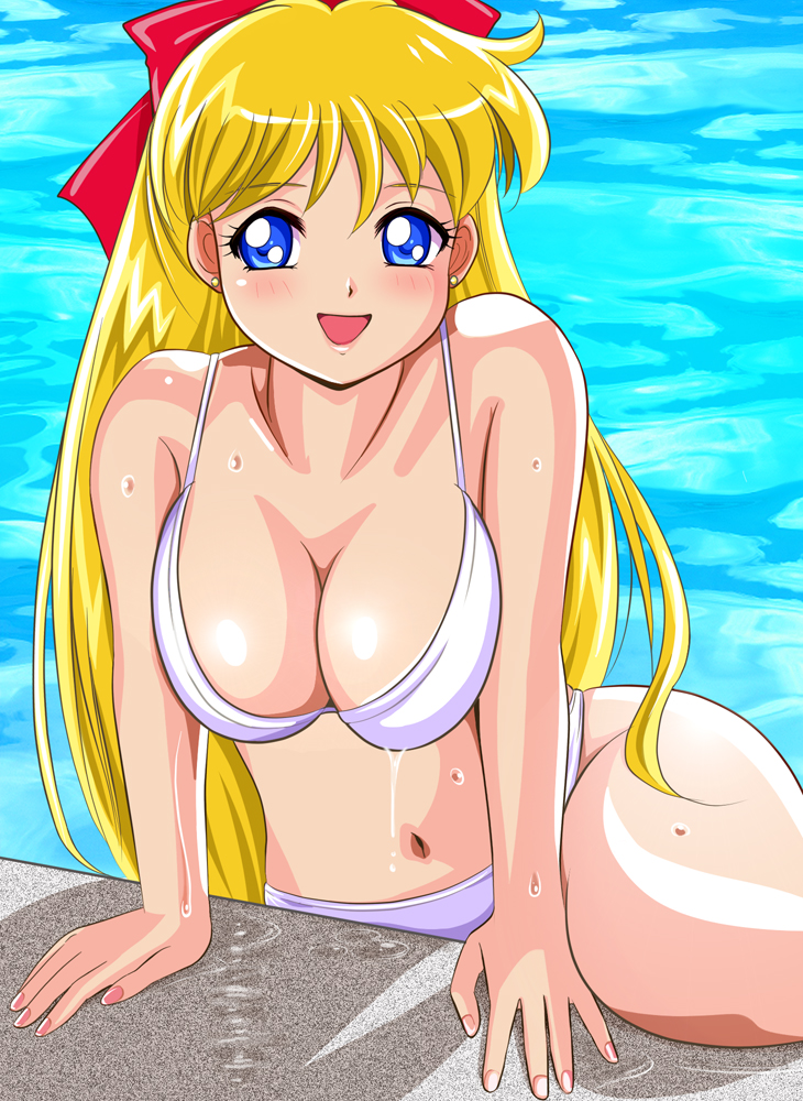 1990s_(style) 1girl 1girls aino_minako alluring big_breasts bikini bishoujo_senshi_sailor_moon blush cleavage female_focus minako_aino navel pirochi pool retro_artstyle sailor_venus smile swimming_pool swimsuit water