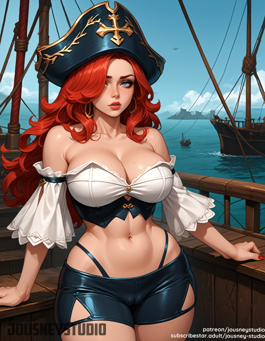 1girl ai_generated bangs bare_shoulders beach belt big_breasts black_headwear blue_eyes blue_sky blush breasts cameltoe clavicle cleavage closed_mouth clothing clothing_cutout cloud cloudy_sky crop_top curvaceous day detached_sleeves earrings female_only hair_over_one_eye hat headwear highleg highleg_panties holding hoop_earrings huge_breasts jewelry lips lipstick long_hair looking_at_viewer makeup midriff mole mole_on_breast nail_polish navel ocean off_shoulder outside parted_lips pirate pirate_hat red_hair red_lips red_nails shiny_skin ship shirt short_shorts shorts skindentation sky smile standing stomach swimsuit thick_thighs thighs underwear water watercraft wide_hips