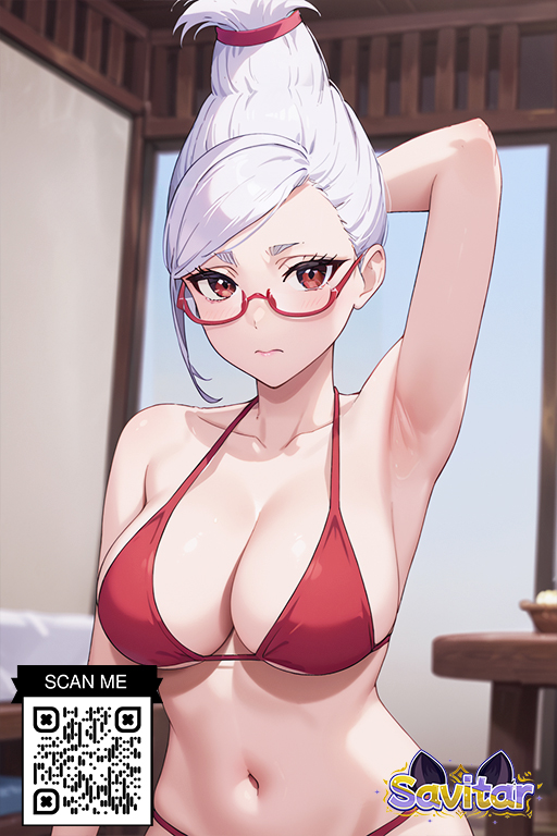 1girl 1girl arm_behind_head armpits arms_behind_head arms_up bangs bare_arms bare_shoulders big_breasts bikini blush breasts clavicle cleavage closed_mouth clothing eyewear female_only folded_ponytail glasses grey_hair hair_bun hair_ornament halterneck indoors littlehentai long_hair looking_at_viewer medium_breasts navel parted_bangs parted_lips ponytail purah red-framed_eyewear red_bikini red_eyes red_swimsuit round_eyewear savitar savitar_(artist) semi-rimless_eyewear sidelocks stomach string_bikini swimsuit table thighs tied_hair white_hair