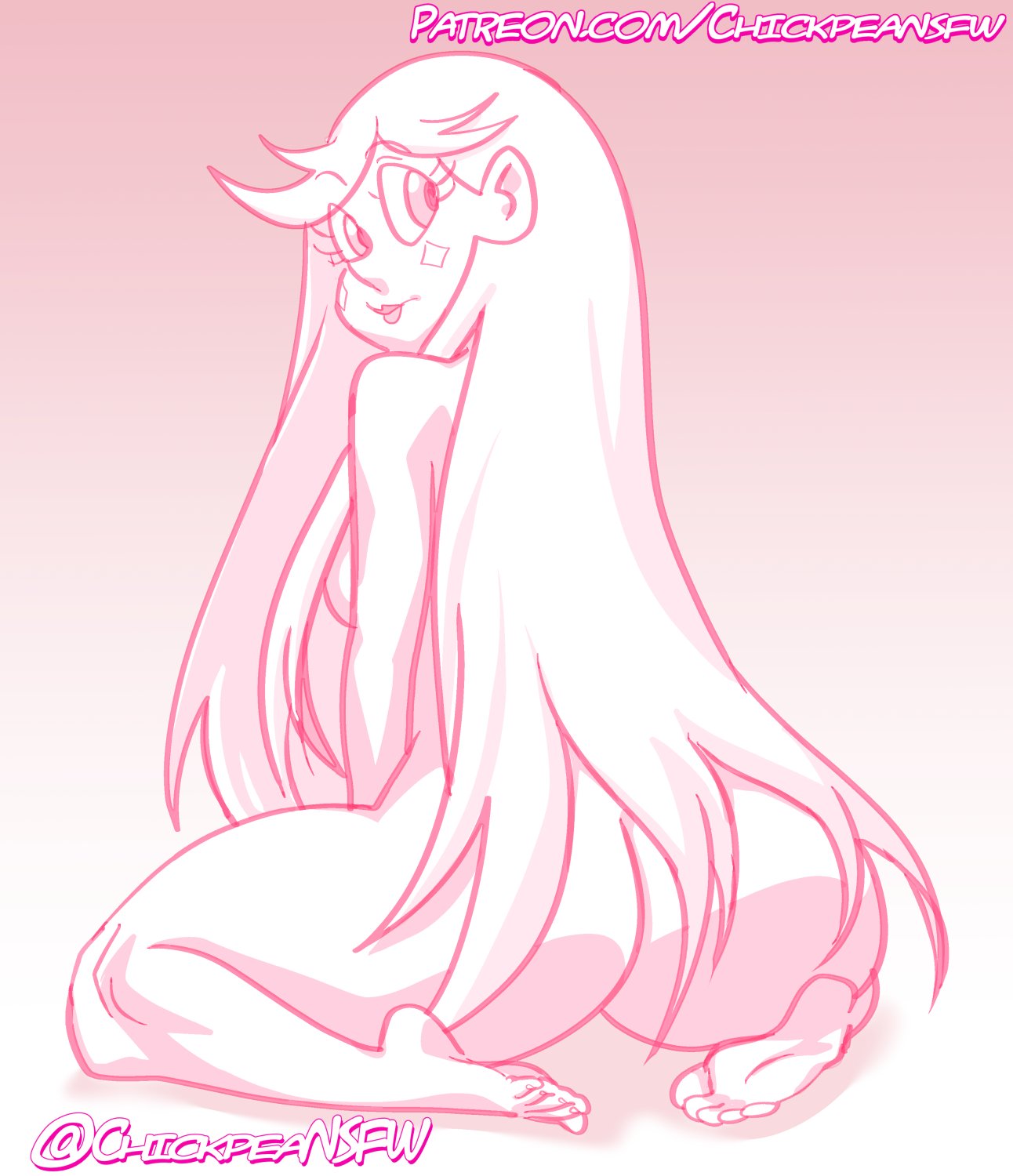 1girl 2020s 2023 big_ass breasts chickpea disney disney_channel feet female_focus female_only gradient_background long_hair looking_over_shoulder monochrome moon_butterfly nude nude_female pink_background pink_theme presenting_hindquarters simple_background soles star_vs_the_forces_of_evil toes very_long_hair