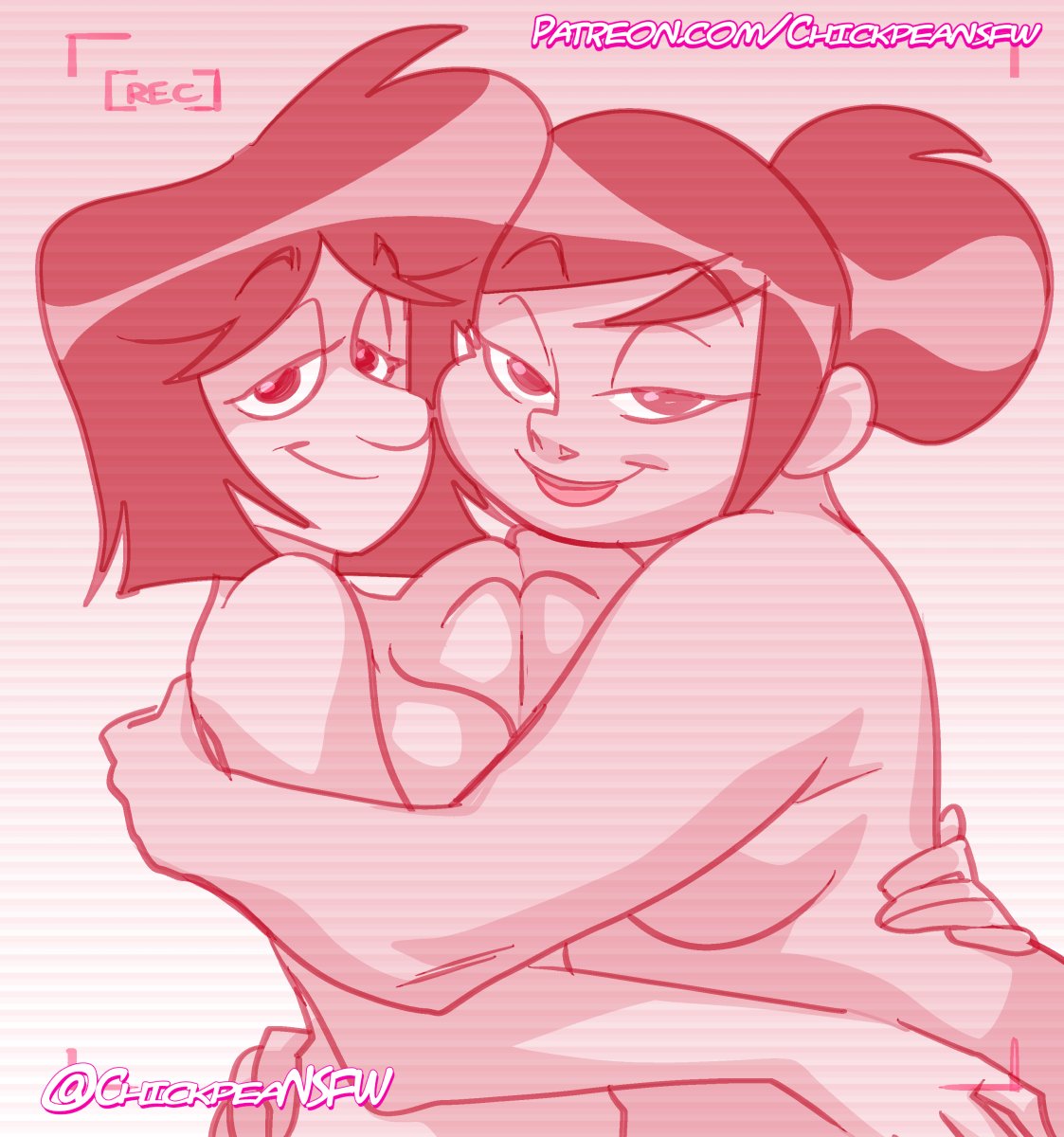 1girl 2023 2_girls asian_female bbw bedroom_eyes big_nose chickpea disney disney_channel female_only filming gradient_background hugging leah_stein-torres looking_at_viewer milf monochrome nude nude_female pink_background pink_theme recording sharon_mcgee simple_background smile the_ghost_and_molly_mcgee yuri