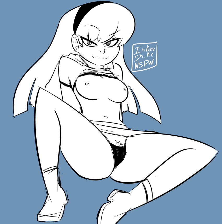 1girl 2d 2d_(artwork) 2d_artwork background blonde_hair blue_background breasts cape dc_comics dcau drpizzaboi female grin inkershike kara_zor-el long_hair looking_at_viewer monochrome nipples panties pubes shirt shirt_lift shirt_up shoes simple_background sitting smile smiling_at_viewer supergirl superheroine superman_(series)