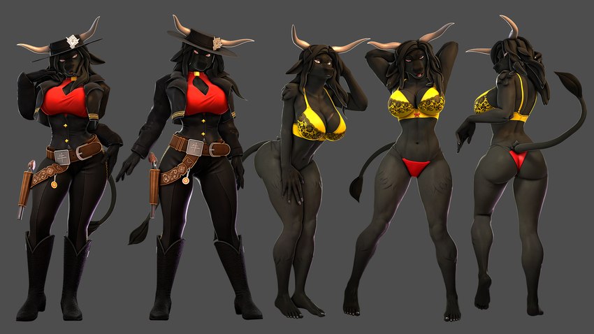 1girl 3d 3d_(artwork) absurd_res anthro belt big_breasts black_body black_hair boots bovid bovine bra breasts cattle cleavage clothed clothing cowgirl_outfit curvy curvy_figure female_only furry gun handgun high_res holster horn long_hair mammal mercedes_(petruz) model_sheet multiple_poses muscular_female navel petruz petruz_(copyright) pistol ranged_weapon red_eyes solo_female source_filmmaker_(artwork) tail thick_thighs underwear wide_hips