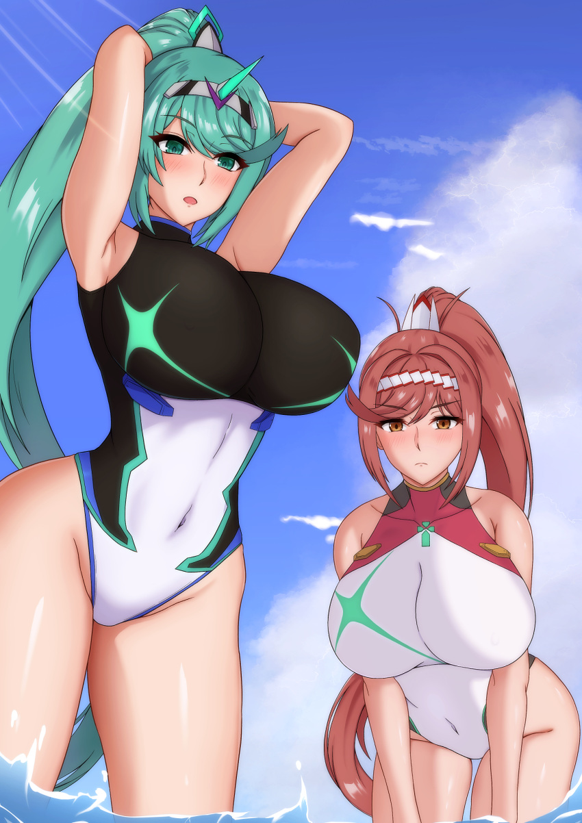 2_girls alluring bare_legs big_breasts bikini core_crystal glimmer_(xenoblade) green_eyes green_hair momosuke mother_&_daughter nintendo one-piece_bikini pneuma_(xenoblade) red_eyes red_hair xenoblade_(series) xenoblade_chronicles_2 xenoblade_chronicles_3 xenoblade_chronicles_3:_future_redeemed