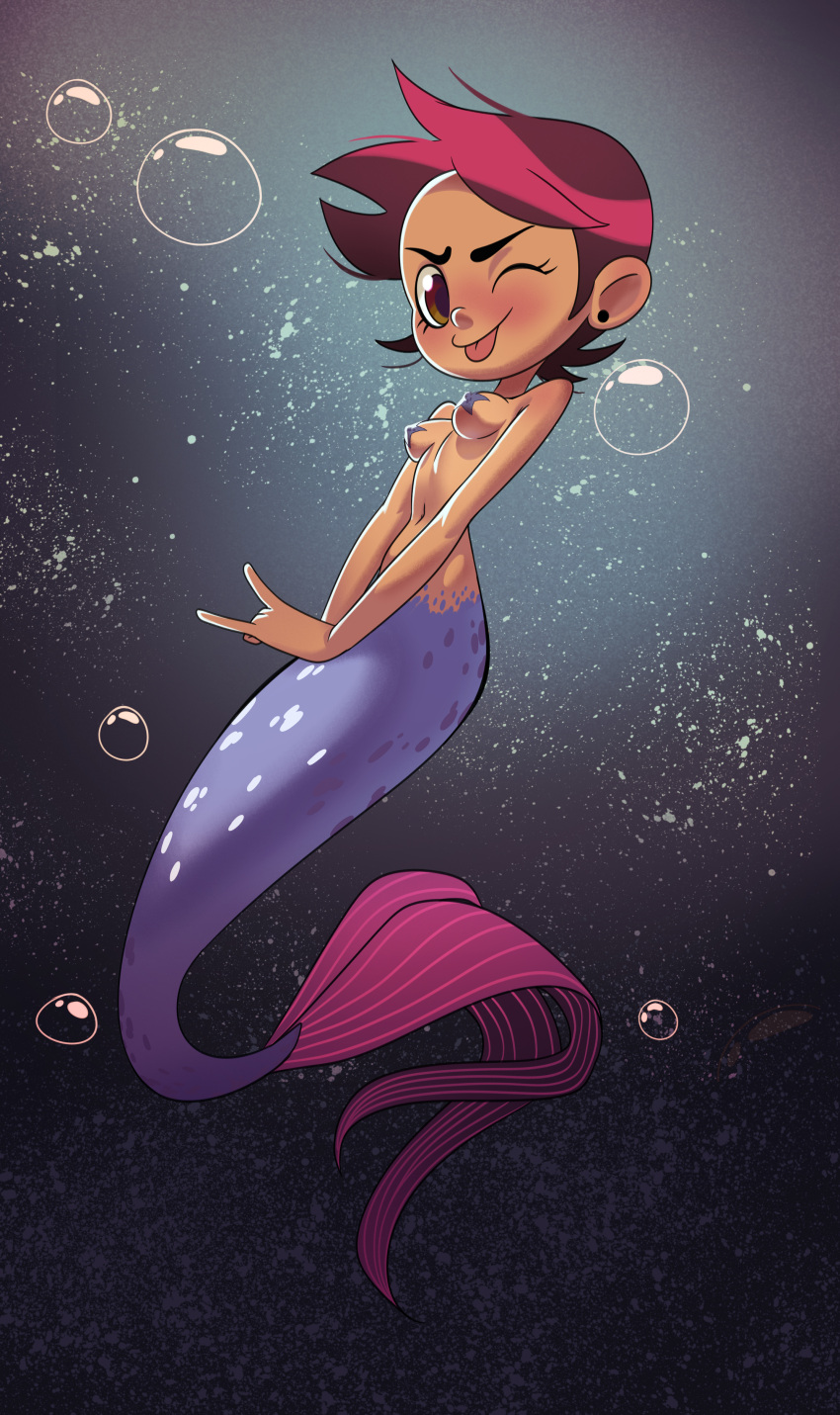1girl 2025 5_fingers absurd_res adolescent alternate_species animal_humanoid asterozoan black_eyebrows blue_body blue_scales blush breasts brown_eyes bubble devil_horns_(gesture) disney ear_piercing echinoderm eyebrows eyelashes female fin fingers fish fish_humanoid gesture graves_(artist) hair hand_gesture head_turned high_res humanoid humanoid_merfolk light lighting looking_at_viewer luz_noceda marine marine_humanoid medium_breasts merfolk navel nipple_outline nude nude_female nude_humanoid one_eye_closed piercing pink_hair pink_tongue scales shaded short_hair solo split_form starfish starfish_(accessory) starfish_bra tail tail_fin tan_body tan_skin the_owl_house tongue tongue_out underwater water wink winking_at_viewer young young_female young_humanoid