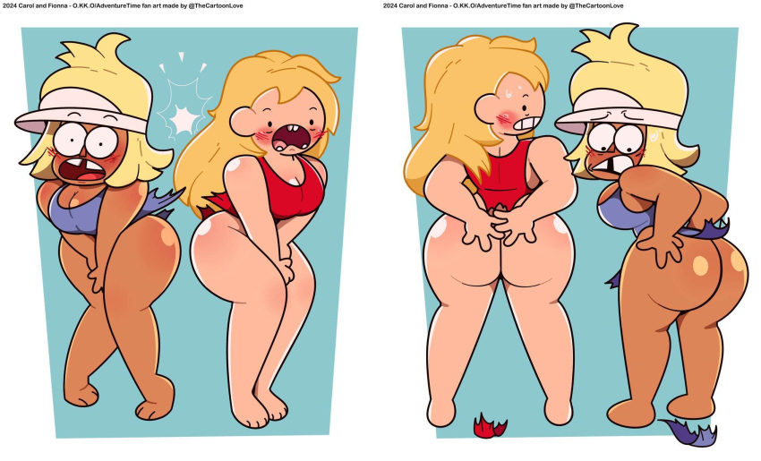 adventure_time adventure_time:_fionna_&_cake ass big_ass blonde_hair blush bottomless carol_kincaid cartoon_network crossover embarrassed_nude_female embarrassing enf fionna_the_human ok_k.o.!_let's_be_heroes one-piece_swimsuit shiny shiny_skin surprise thecartoonlove wardrobe_malfunction wide_hips