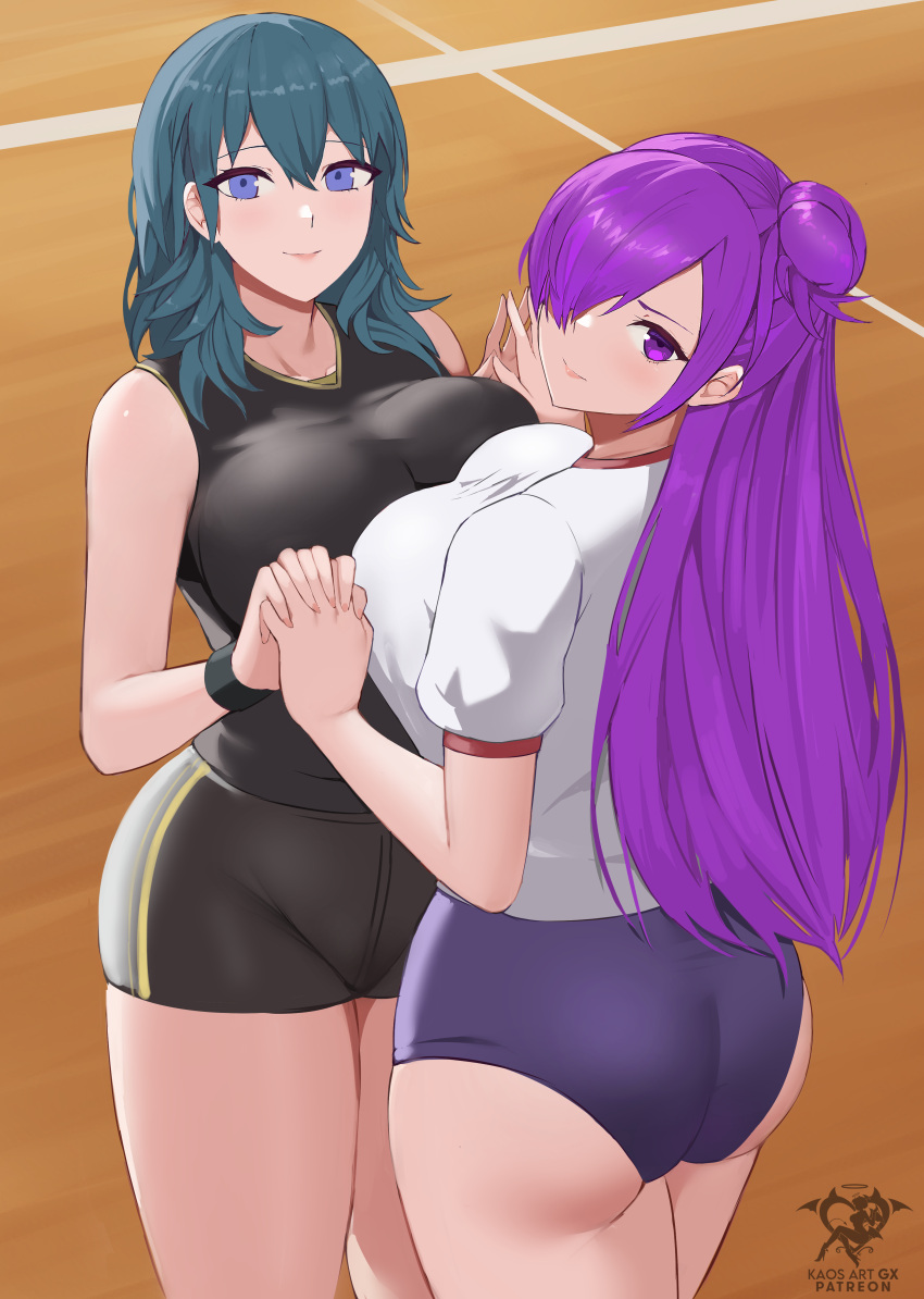 1girl 2022 2_girls absurd_res artist_logo artist_signature ass big_ass big_breasts blue_eyes blue_hair breast_press breasts_squish byleth_(fire_emblem) byleth_(fire_emblem)_(female) docking female_only fire_emblem fire_emblem:_three_houses fire_emblem_warriors:_three_hopes gym_uniform hair_over_one_eye hand_holding kaos_art looking_at_viewer looking_back medium_hair nintendo purple_eyes purple_hair shez_(fire_emblem) shez_(fire_emblem)_(female) smile teal_hair thick_thighs thighs wide_hips