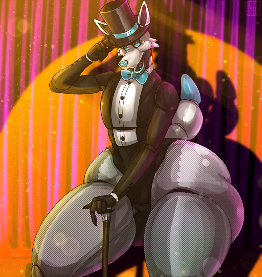 1girl animatronic ass big_ass blue_eyes bowtie cane fishnet_legwear fishnet_pantyhose fishnet_stockings five_nights_at_freddy's girly gloves grin huge_ass huge_ass hyper hyper_ass hyper_butt looking_at_viewer looking_back magician magician_hat male male_only original_character partially_clothed smile solo_male thick_thighs thong top_hat tuxedo tuxedo_jacket wide_hips wolf xtrent968 yaoi