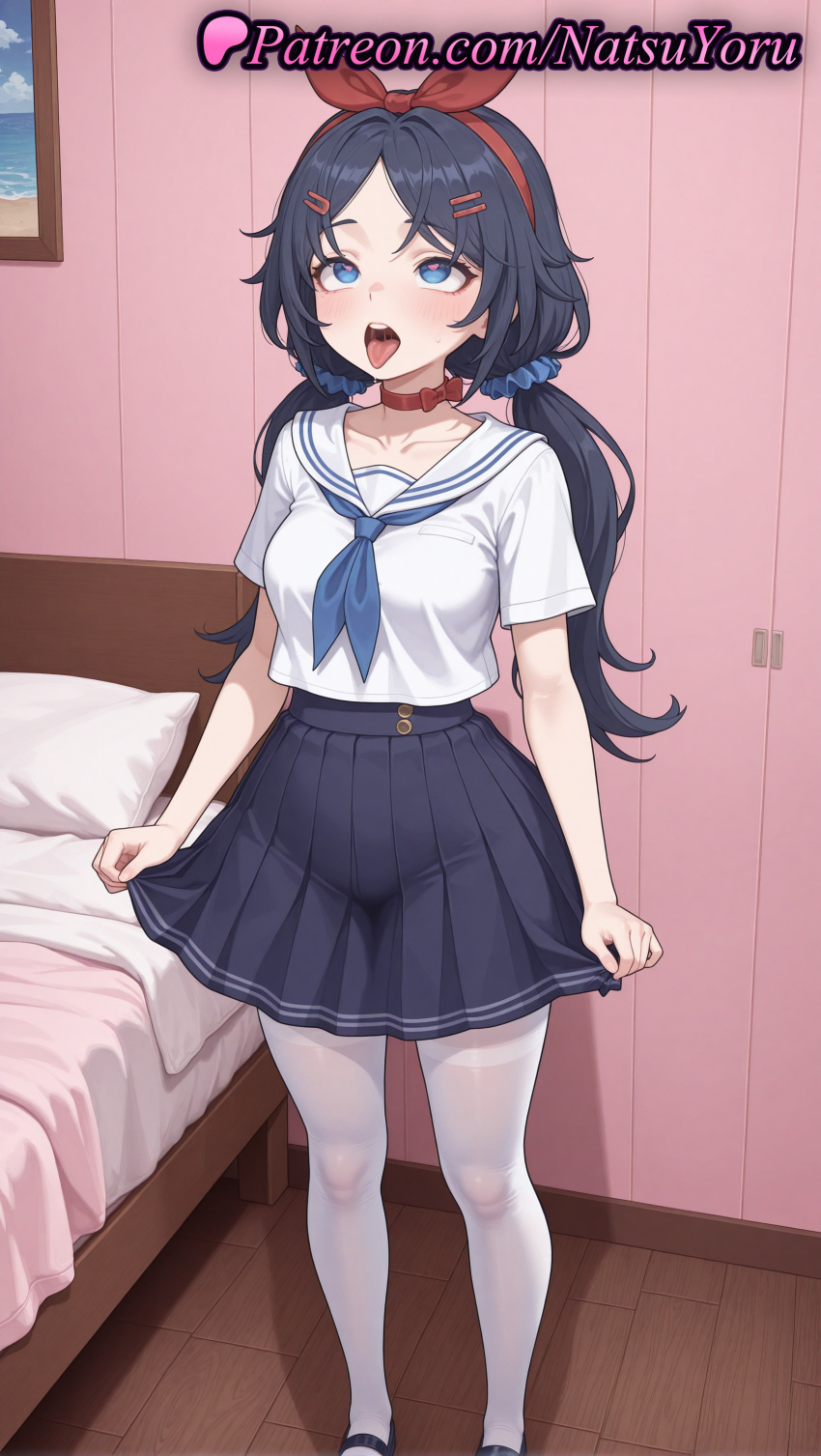 2025 ahegao ai_generated anime anime_style bangs bed bedroom big_breasts black_footwear black_hair black_skirt blue_eyes blue_neckerchief blush breasts bust choker collar collarbone crazy_mita_(miside) female_focus full_body hair_bow hair_ornament hair_ribbon hair_scrunchie hairband hairclip heart heart-shaped_pupils hentai high_quality high_res high_resolution indoors legwear long_hair looking_at_viewer low_twintails makeup mary_janes medium_breasts miside mita_(miside) natsuyoru neckerchief open_mouth pantyhose parted_bangs patreon pillow pleated_skirt red_choker red_hairband ribbon rolling_eyes sailor_collar sailor_uniform saliva school_uniform scrunchie serafuku shirt shoes short_sleeves skirt skirt_hold skirt_lift stable_diffusion standing stockings symbol-shaped_pupils teeth tongue tongue_out twin_tails upper_teeth_only voluptuous voluptuous_female white_pantyhose white_sailor_collar white_shirt white_thighhighs