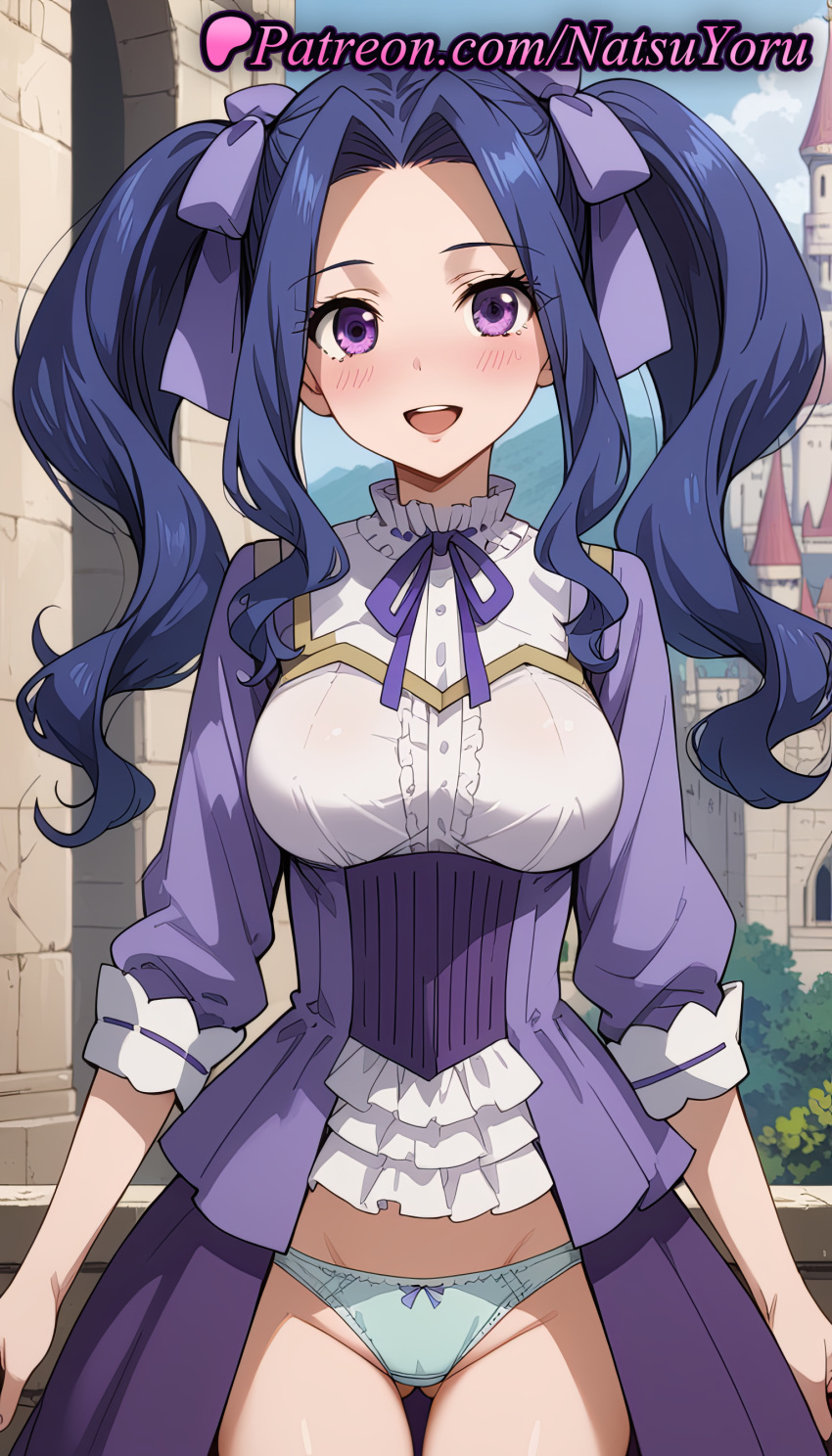 2025 ai_generated anime anime_style aqua_panties ass_visible_through_thighs big_breasts bikini_bottom blouse blue_hair blue_panties blush bow bow_panties breasts bust castle center_frills corset cowboy_shot day dress female_focus forehead frills green_panties groin hair_bow hair_intakes hair_ribbon hair_ribbons hentai high_quality high_res high_resolution long_hair long_sleeves looking_at_viewer medium_breasts melty_q_melromarc natsuyoru neck_ribbon open_mouth outside panties parted_bangs patreon purple_bow purple_dress purple_eyes purple_ribbon ribbon shirt showgirl_skirt sidelocks smile stable_diffusion standing tate_no_yuusha_no_nariagari teeth the_rising_of_the_shield_hero thigh_gap thighs twin_tails underbust underwear upper_teeth_only voluptuous voluptuous_female wavy_hair