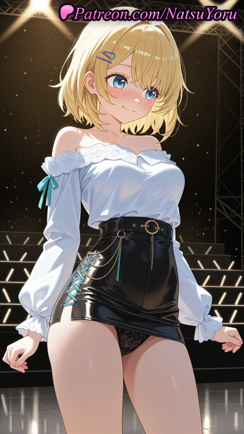ai_generated anime anime_style asian bangs bare_shoulders belt big_breasts black_panties black_skirt blonde_hair blouse blue_eyes blush bob_cut breasts bust closed_mouth clothes_lift clothing collarbone cowboy_shot cross-laced_clothes cross-laced_skirt cross-laced_slit female_focus hair_ornament hairclip hentai high-waist_skirt high_quality high_res high_resolution lace_panties lace_trim long_sleeves looking_at_viewer looking_to_the_side medium_breasts mem-cho miniskirt monocle_hair_ornament natsuyoru off-shoulder_shirt off_shoulder official_alternate_hairstyle oshi_no_ko panties pantyshot patreon pencil_skirt puffy_long_sleeves shirt shirt_tucked_in short_hair skirt skirt_lift smile stage stage_lights standing thighs tied_hair underwear upskirt voluptuous voluptuous_female white_shirt