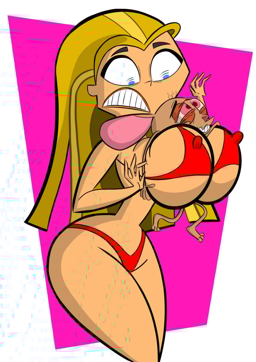 1girl bikini blonde_hair bra breast_grab breasts bulge bulging_nipples codykins123 crossover curvy curvy_figure lindsay_(tdi) lips looking_down male navel nipples nipples_bulge no_navel pervert red_bra ren_and_stimpy ren_hoek sexual_harassment slim2k6 thick_thighs thong total_drama_island wide_hips