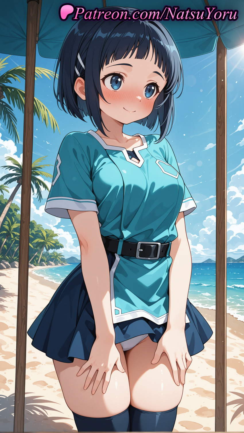 2025 ai_assisted ai_generated anime anime_style aqua_shirt bangs beach beach_umbrella belt big_breasts black_belt black_hair black_thighhighs blue_eyes blue_hair blue_shirt blue_skirt blue_sky blunt_bangs blush bob_cut breasts bust closed_mouth clothes_lift cloud collarbone cowboy_shot day female_focus female_solo hair_ornament hairclip hand_on_own_thigh hentai high_quality high_res high_resolution medium_breasts miniskirt natsuyoru nose_blush ocean outside palm_tree panties pantyshot patreon pleated_skirt sachi_(sao) shirt short_hair short_sleeves skindentation skirt sky smile stable_diffusion standing stockings sword_art_online thighs tree umbrella underwear voluptuous voluptuous_female white_panties zettai_ryouiki