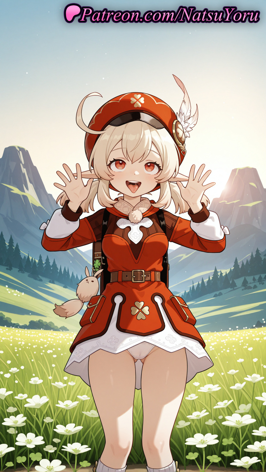 1girl 1girl 1girls 2025 ahoge ai ai_generated anime anime_style asian ass_visible_through_thighs backpack bag bag_charm bangs big_breasts blonde_hair blush boots breasts brown_footwear bust cabbie_hat cameltoe charm_(object) clover_print day dress elf_ears female_focus female_only field flower genshin_impact gloves grass hair_between_eyes hands_up hat hat_feather hat_ornament hentai high_quality high_res high_res high_resolution klee_(genshin_impact) kneehighs legs light_brown_hair long_hair long_sleeves looking_at_viewer low_twintails mountain mountainous_horizon natsuyoru open_mouth outside panties panties pantyshot patreon petite pointed_ears pointy_ears red_dress red_eyes red_headwear scarf sky smile socks solo_female stable_diffusion standing teeth thighs tongue tongue_out twin_tails underwear upper_teeth_only voluptuous voluptuous_female white_flower white_panties white_socks