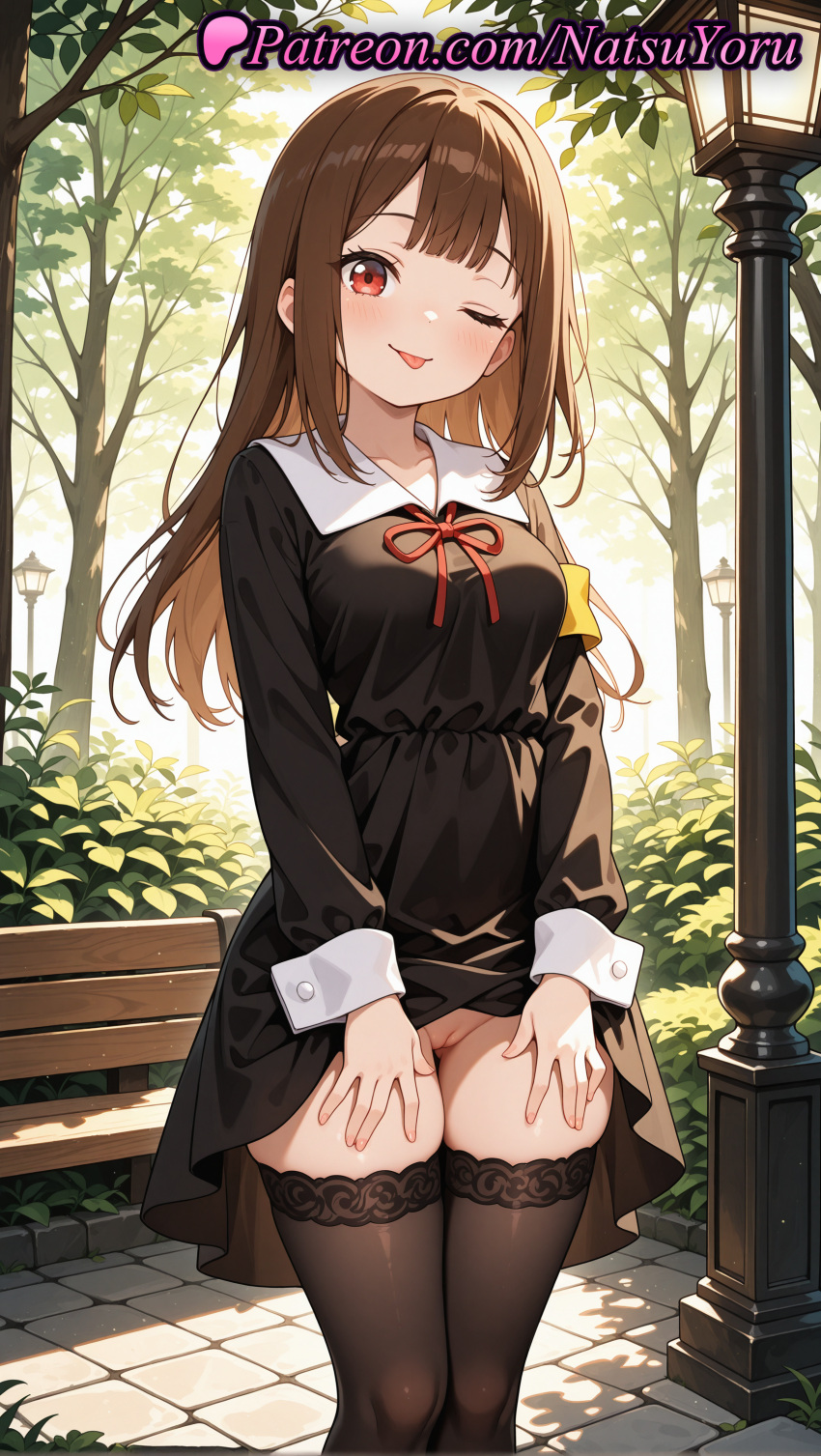 2025 ai_assisted ai_generated anime anime_style armband bangs bench big_breasts black_dress black_legwear black_thighhighs blunt_bangs blush breasts brown_hair bush bust cleft_of_venus closed_mouth clothes_lift collarbone collared_dress day dress dress_lift exhibitionism feet_out_of_frame female_focus female_pubic_hair female_solo hentai high_quality high_res high_resolution iino_miko kaguya-sama_wa_kokurasetai_~tensai-tachi_no_renai_zunousen~ lamppost lifted_by_self long_hair long_sleeves looking_at_viewer medium_breasts natsuyoru neck_ribbon no_panties one_eye_closed outside park park_bench patreon public_indecency pussy red_eyes red_ribbon ribbon school_uniform shuuchiin_academy_school_uniform sitting_on_bench smile stable_diffusion standing stockings thighs tongue tongue_out tree uncensored voluptuous voluptuous_female