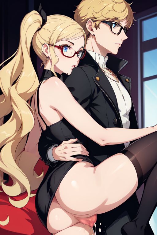 1boy 1girl ai_generated ann_takamaki ass blonde_hair blue_eyes couple cum cum_in_pussy glasses marvin_harris original_character persona_5 pussy