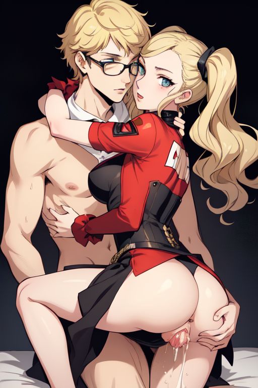 1boy 1girl ai_generated ann_takamaki ass blonde_hair blue_eyes couple cum cum_in_pussy glasses marvin_harris original_character persona_5 pussy