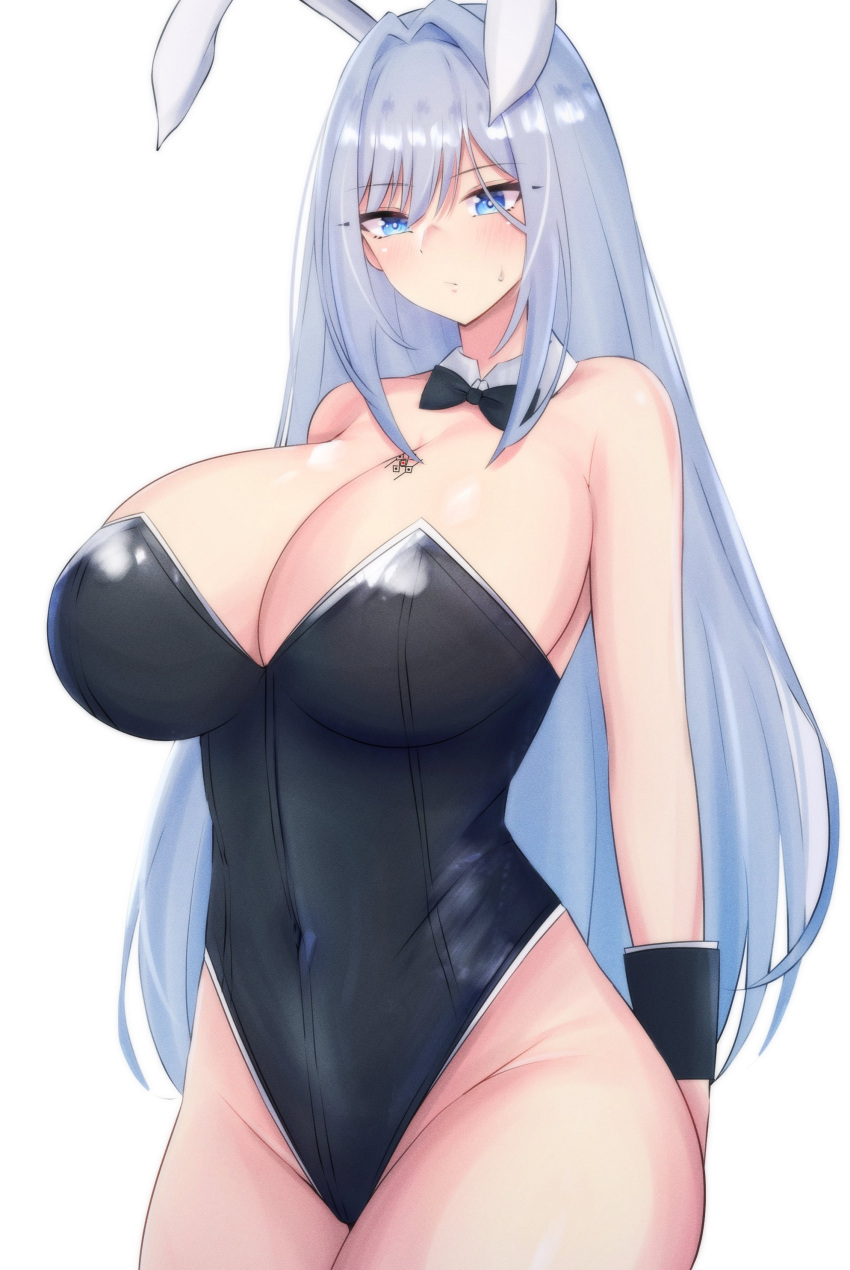 1girl 1girl absurd_res alluring big_breasts big_breasts black_leotard blue_eyes blush bowtie breast_tattoo breasts_bigger_than_head bunny_ears bunnysuit child_bearing_hips cleavage curvy detached_collar ethel_(xenoblade) female_only high_res hourglass_figure latex latte_daruta2 leotard long_hair massive_breasts monolith_soft nintendo silver_hair simple_background sweat sweatdrop tattoo thick_thighs thighs very_long_hair voluptuous wide_hips wrist_cuffs xenoblade_(series) xenoblade_chronicles_3