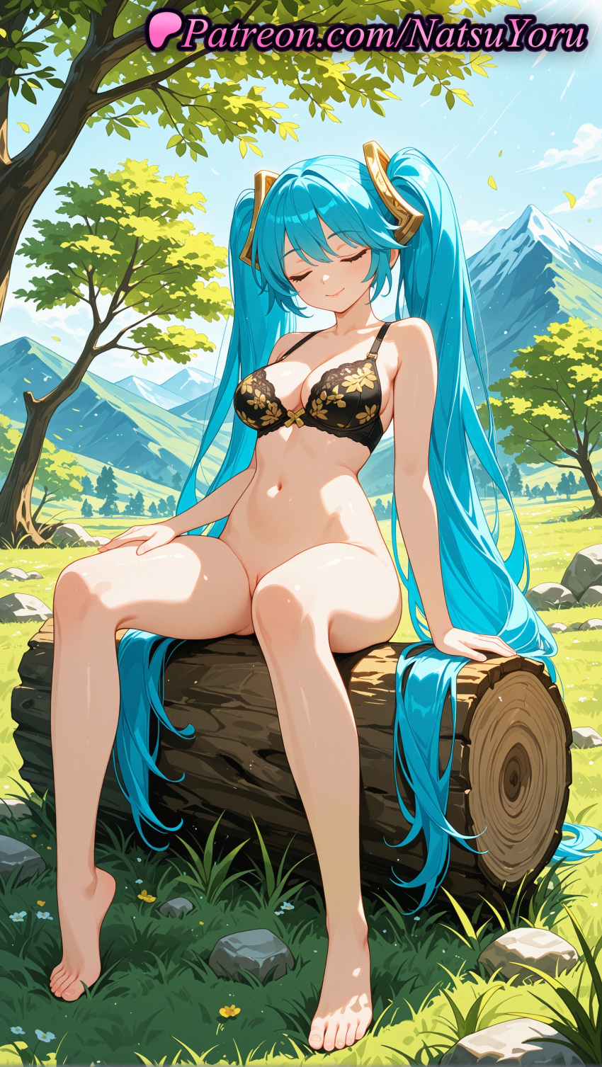 1girl 1girl 1girls 2025 ai ai_assisted ai_generated anime anime_style aqua_hair arm_support bangs bare_arms bare_legs bare_shoulders barefoot big_breasts big_breasts bikini black_bra blue_hair blue_sky blush bottomless bra breasts bust caucasian cleavage cleft_of_venus closed_eyes closed_eyes closed_mouth cloud collarbone day feet female_focus female_only foot_fetish full_body grass hair_between_eyes hair_ornament hand_on_own_thigh hentai high_quality high_res high_res high_resolution league_of_legends league_of_legends:_wild_rift legs log long_hair medium_breasts mountain mountainous_horizon nail_polish natsuyoru nature navel non-asian outside paipan patreon plant print_bra pussy pussy riot_games rock sitting sky smile solo_female sona_buvelle stable_diffusion stomach thighs toenail_polish toenails toes tree tree_stump twin_tails underwear underwear_only very_long_hair voluptuous voluptuous_female