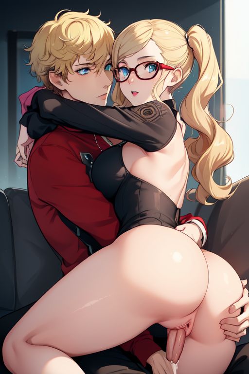1boy 1girl ai_generated ann_takamaki arms_behind_head ass blonde_hair blue_eyes couple marvin_harris original_character penis penis_in_pussy persona_5 pussy vaginal vaginal_penetration vaginal_sex