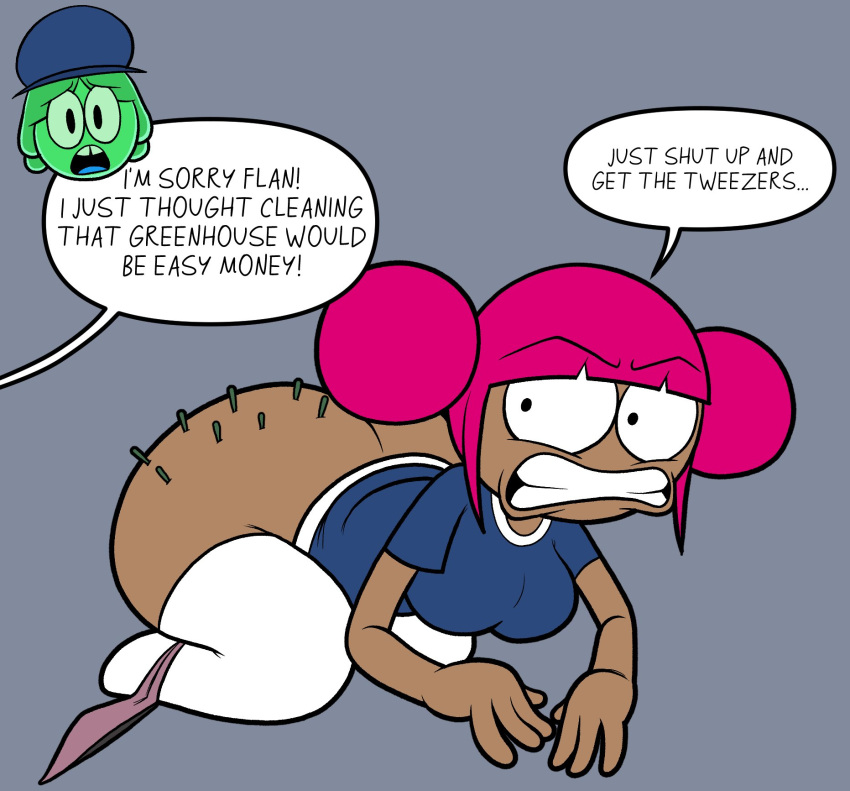 angry ass badguynek bent_over big_ass cactus_spines flan_(badguynek) looking_back mad monster monster_girl original_character pam_(badguynek) panties panties_around_leg shortstack slime_girl slime_monster spines